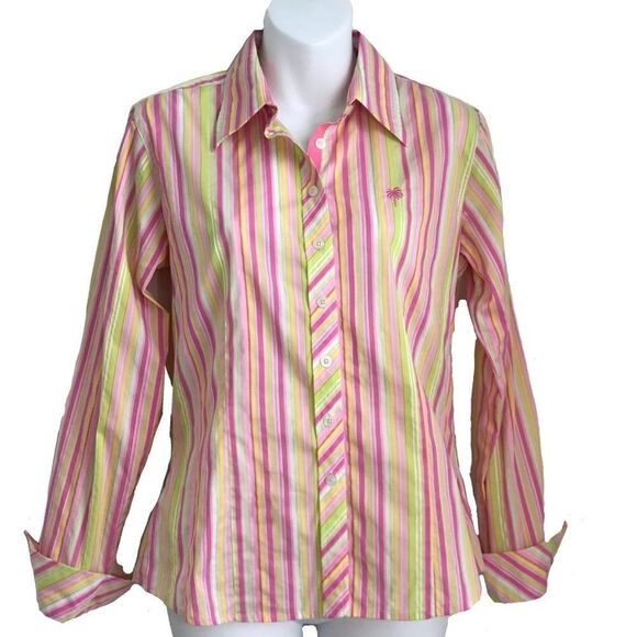 Lilly Pulitzer Striped Button Down Cuffed Shirt Size 6 Hot Pink Green Vintage - Picture 1 of 17